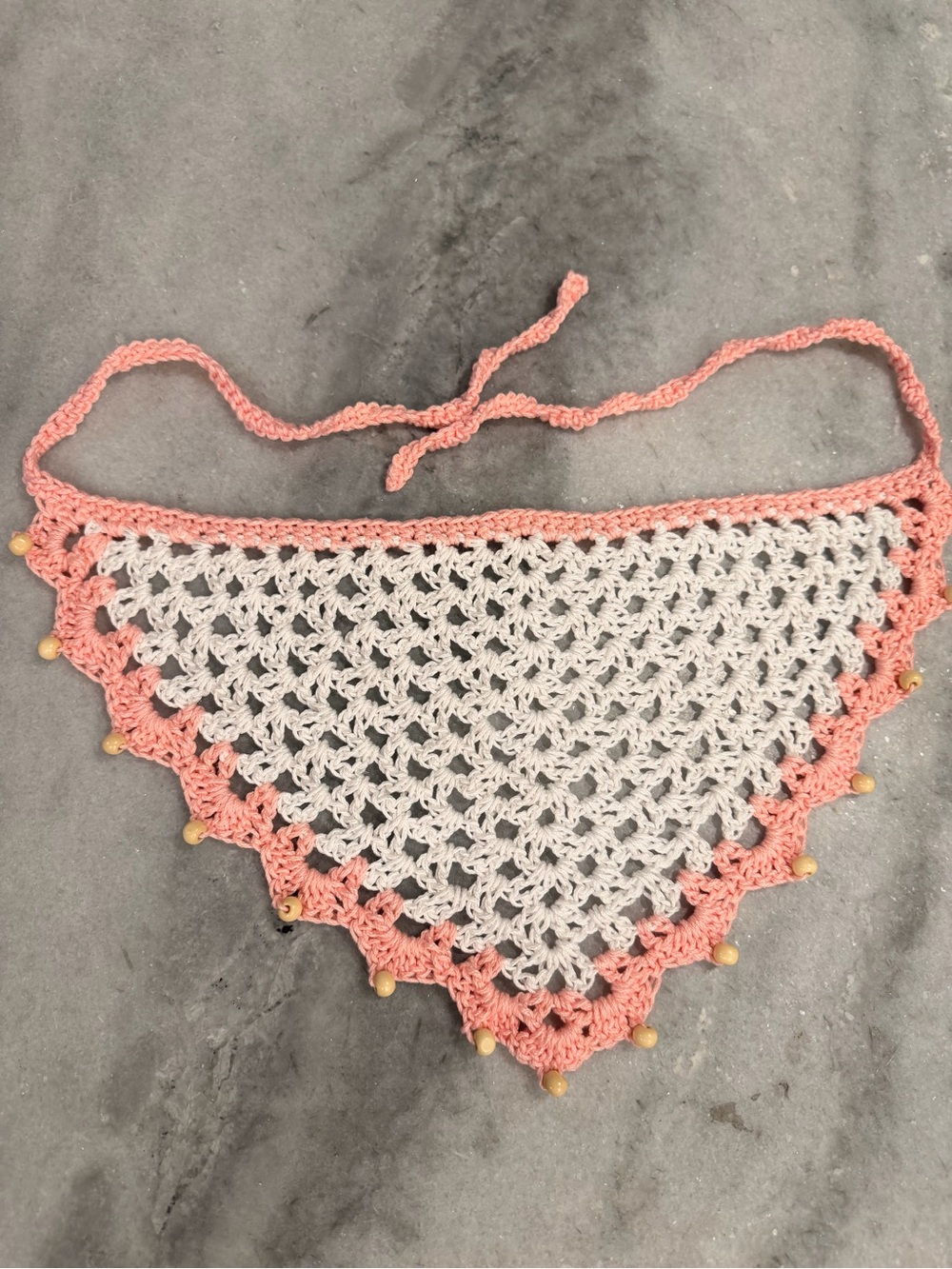 Handmade Crochet Wood Beaded Kerchief Head Scarf Cotton Boho Bandana Cottagecore